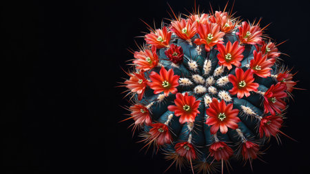 A beautiful blooming Mammillaria spinosissima cactus with its spiny pincushion, showcasing vibrant blossoms and clean space for textの素材