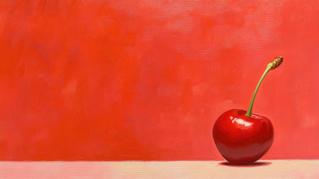 Single red cherry with a stem on a vibrant red background, creating room for text to the right side of the image.の素材