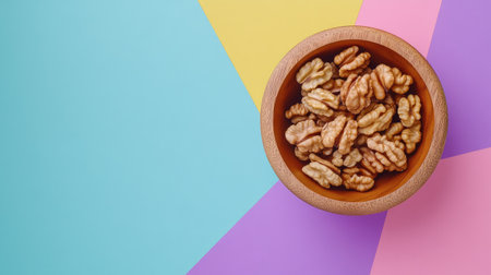 A wooden bowl of walnut halves placed on a colorful background, emphasizing healthy eating and the superfood benefits of walnuts, with room for textの素材