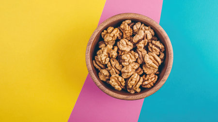 A top view of walnut halves in a wooden bowl on a colorful background, showcasing superfoods for healthy eating, with space to add your messageの素材
