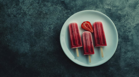 A white plate with strawberry ice cream popsicles, against a dark backdrop, emphasizing the vibrant colors with plenty of space for textの素材