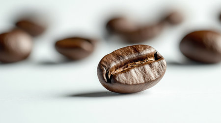 A close-up of a single coffee bean in focus, with others blurred in the background, all placed on a white backdrop.の素材