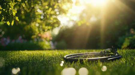 A garden water pipe coiled neatly with a sprayer nozzle attached, placed on a grassy lawn under soft sunlight.の素材