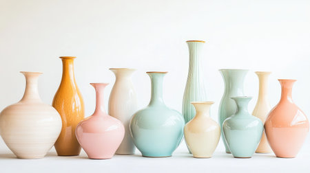 A collection of vintage vases in different sizes and pastel colors, arranged neatly on a plain white backdrop.の素材