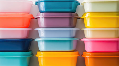 A close-up of colorful plastic storage containers neatly stacked, showcasing their glossy finish and vibrant hues on a plain white background.の素材