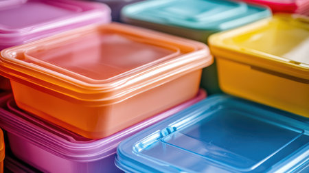 A close-up of colorful plastic storage containers neatly stacked, showcasing their glossy finish and vibrant hues on a plain white background.の素材