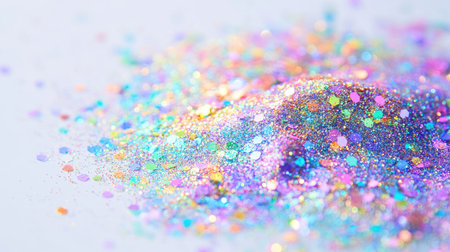 A pile of holographic glitter in shimmering rainbow colors, set against a plain white background for a dreamy aesthetic.の素材