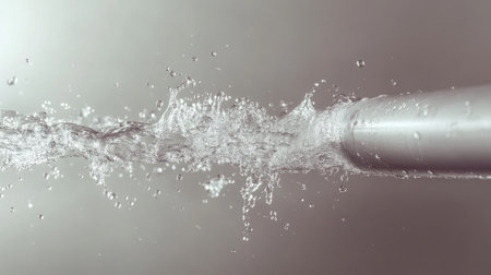 A leaking water pipe with water spraying out under pressure, against a plain wall background, emphasizing the burst.の素材