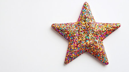 A star-shaped cutout filled with multicolored glitter, placed on a plain white background for a playful, festive look.の素材