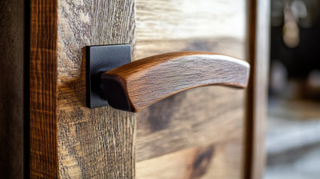 Detailed close-up of a wooden door handle on a rustic wooden door, showcasing the texture and grain of the natural material.の素材
