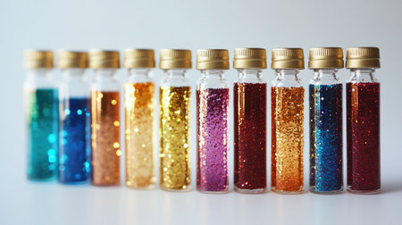 A minimalistic arrangement of glitter-filled glass vials on a white surface, showcasing their vibrant and reflective contents.の素材