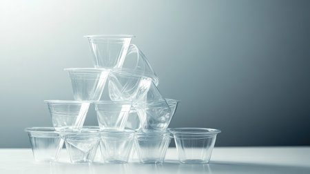 A pile of transparent plastic cups stacked in a pyramid on a white surface, highlighting their smooth texture and clarity.の素材