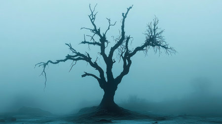 A lone, withering tree in a foggy landscape, its skeletal branches creating a haunting silhouette.の素材