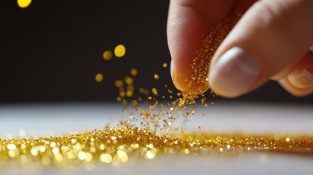 Close-up of a hand sprinkling fine golden glitter onto a white surface, with a focus on the sparkling particles.の素材