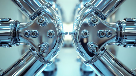 Industrial water pipes connected in a symmetrical layout with steel joints and bolts, captured in a brightly lit environment.の素材