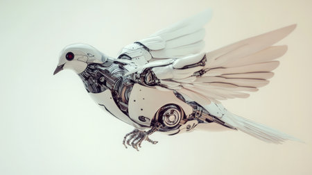 A small robotic pigeon with detailed wings and a smooth metallic body, positioned against a clean, light-colored background.の素材