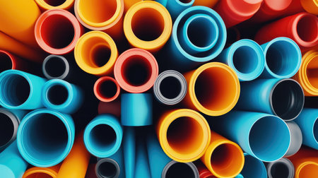 A variety of plastic pipes in different diameters and colors, arranged in a symmetrical pattern on a plain background.の素材