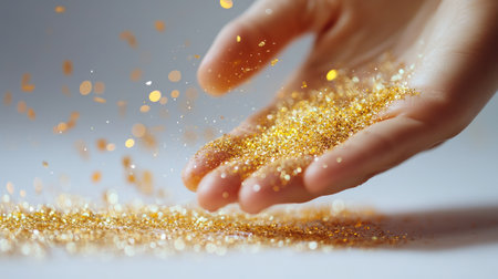Close-up of a hand sprinkling fine golden glitter onto a white surface, with a focus on the sparkling particles.の素材