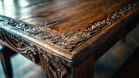 Close-up of a wooden dining table with intricate carvings, natural wood grain details, and a minimalistic background, no people included.の素材