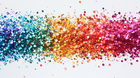 A vibrant mix of glitter in various shapes and colors, spread out in a gradient pattern on a clean white backdrop.の素材