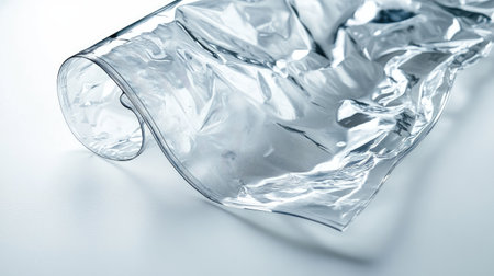 Transparent plastic wrap rolled out over a white surface, showing the glossy texture and thin material in detailed focus.の素材