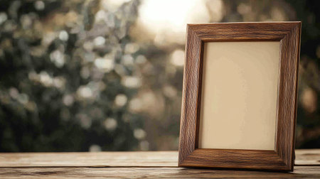 Rustic wooden picture frame standing on a wooden table, with a blurred background to highlight the framea craftsmanship.の素材