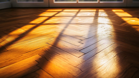 Close-up of a polished wooden floor with sunlight streaming through a window, showcasing the smooth surface and natural patterns.の素材
