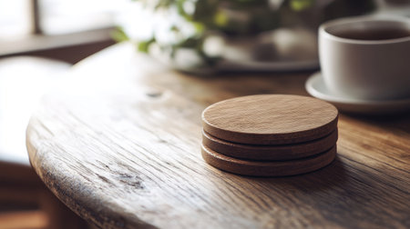 Set of wooden coasters arranged on a wooden table, with warm natural lighting accentuating the earthy tones and texture.の素材