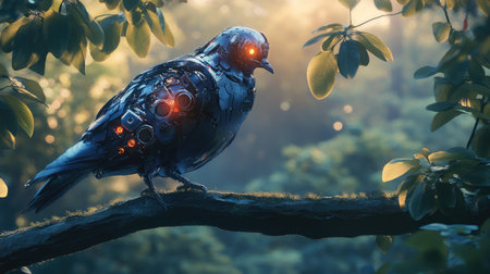 A robotic pigeon perched on a tree branch, with glowing eyes and metallic feathers, blending technology with nature in a serene setting.の素材