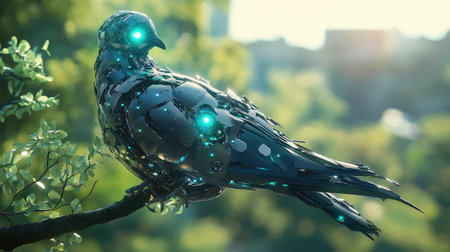 A robotic pigeon perched on a tree branch, with glowing eyes and metallic feathers, blending technology with nature in a serene setting.の素材