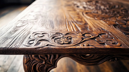 Close-up of a wooden dining table with intricate carvings, natural wood grain details, and a minimalistic background, no people included.の素材
