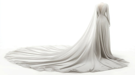 Back view of a long white dress with a flowing train, displayed on a white background, exuding elegance and grace.の素材