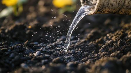 Close-up of an irrigation water pipe dripping water onto soil, captured in a minimalistic outdoor environment with no plants visible.の素材