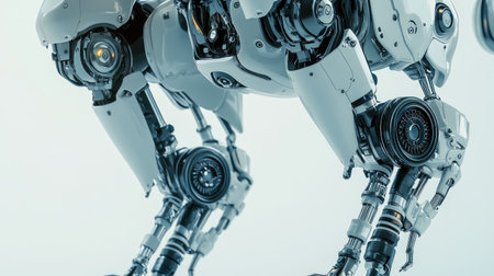 Close-up of a robot dog mechanical legs, showcasing intricate joint movements and futuristic engineering on a plain background.の素材
