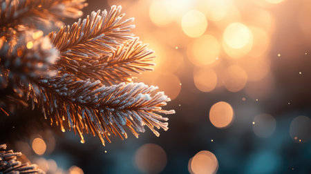 Macro shot of snow-covered pine needles, delicate ice crystals shimmering in sunlight against a blurred background.の素材