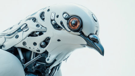 Close-up of a robotic pigeon beak and sensor-equipped head, with metallic details and futuristic design, against a plain white background.の素材