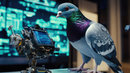 Robotic pigeon interacting with a high-tech device, showing its advanced sensors and robotic features against a futuristic workspace backdrop.の素材