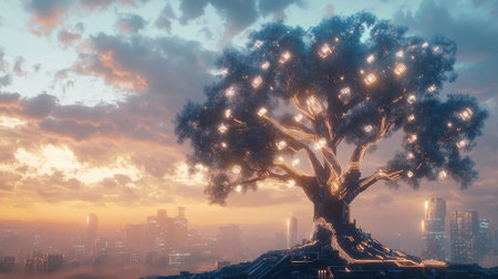 A robot tree with illuminated circuits running through its branches, standing in a futuristic urban landscape with a soft sky backdrop.の素材