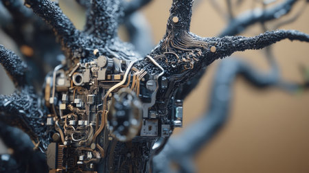 Close-up of a tree robots metal branches and intricate circuitry, capturing the fusion of nature-inspired design and advanced technology.の素材