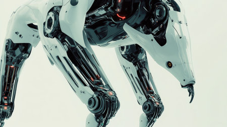 Close-up of a robot dog mechanical legs, showcasing intricate joint movements and futuristic engineering on a plain background.の素材