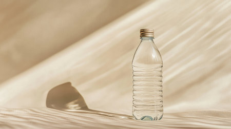Close-up of a slender empty water bottle with a metallic cap, set on a lightly textured cream background, soft natural light.の素材