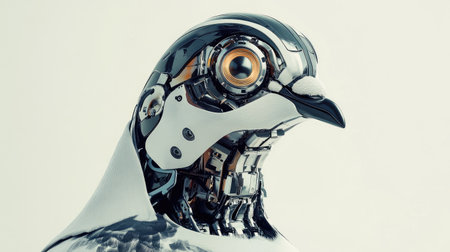 Close-up of a robotic pigeon beak and sensor-equipped head, with metallic details and futuristic design, against a plain white background.の素材