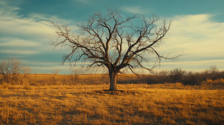 A leafless, dying tree in a desolate field, surrounded by golden grass and illuminated by soft evening light.の素材