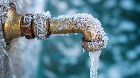 Freezing water droplets suspended mid-drip from a faucet, tiny ice crystals forming on the metal surface in crisp detail.の素材