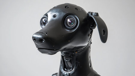 Close-up of a robot dog head, featuring cameras and sensors, set against a plain background for a modern tech aesthetic.の素材