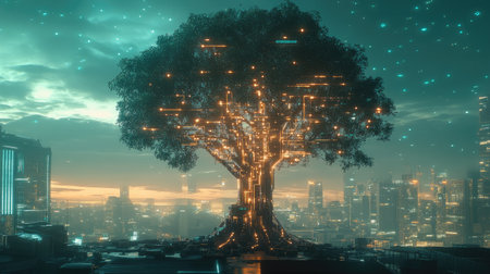 A robot tree with illuminated circuits running through its branches, standing in a futuristic urban landscape with a soft sky backdrop.の素材