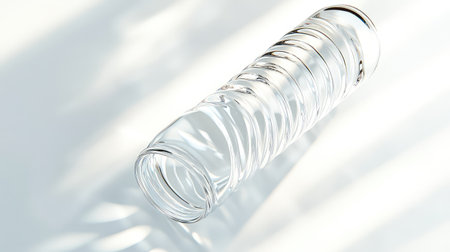 Empty, crystal-clear water bottle with ridged design, casting faint shadows on a bright white background, no logos or additional objects.の素材