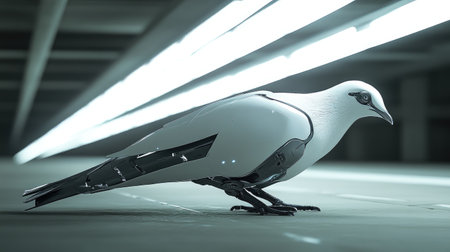 Robotic pigeon on the ground, its mechanical legs and sleek design illuminated by soft overhead lighting, set in a minimalist environment.の素材