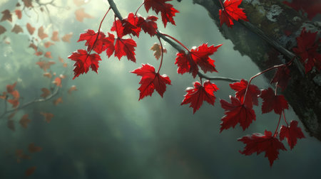 Close-up of vibrant red maple leaves hanging delicately from a branch, sunlight filtering through, soft focus background.の素材