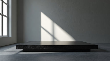 Minimalist rectangular platform with a reflective black surface, surrounded by a neutral gray background with soft lighting.の素材